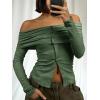 imageCicy Bell Womens Off The Shoulder Tops Cute Long Sleeve Slim Fit Ribbed Ruched Shirt 2024 Fall Y2k Clothes Army Green