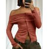 imageCicy Bell Womens Off The Shoulder Tops Cute Long Sleeve Slim Fit Ribbed Ruched Shirt 2024 Fall Y2k Clothes Brick Red