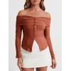 imageCicy Bell Womens Off The Shoulder Tops Cute Long Sleeve Slim Fit Ribbed Ruched Shirt 2024 Fall Y2k Clothes Brick Red