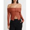 imageCicy Bell Womens Off The Shoulder Tops Cute Long Sleeve Slim Fit Ribbed Ruched Shirt 2024 Fall Y2k Clothes Brick Red