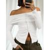 imageCicy Bell Womens Off The Shoulder Tops Cute Long Sleeve Slim Fit Ribbed Ruched Shirt 2024 Fall Y2k Clothes White