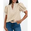 imageCicy Bell Womens Puff Short Sleeve Blouses Summer Casual Dressy V Neck Contrast Stitch Tops Loose Fit ShirtsBeige
