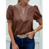 imageCicy Bell Womens Puff Short Sleeve Blouses Summer Casual Dressy V Neck Contrast Stitch Tops Loose Fit ShirtsBrown