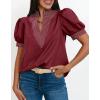 imageCicy Bell Womens Puff Short Sleeve Blouses Summer Casual Dressy V Neck Contrast Stitch Tops Loose Fit ShirtsBurgundy