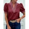 imageCicy Bell Womens Puff Short Sleeve Blouses Summer Casual Dressy V Neck Contrast Stitch Tops Loose Fit ShirtsBurgundy