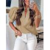 imageCicy Bell Womens Puff Short Sleeve Blouses Summer Casual Dressy V Neck Contrast Stitch Tops Loose Fit ShirtsKhaki