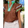 imageCicy Bell Womens Ruffle Cap Sleeve Tops Color Block V Neck Dressy Casual Blouses Summer Pleated Loose Fit ShirtsBrown