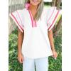 imageCicy Bell Womens Ruffle Cap Sleeve Tops Color Block V Neck Dressy Casual Blouses Summer Pleated Loose Fit ShirtsPink and White