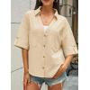 imageCicy Bell Womens Short Sleeve Button Down Shirts V Neck Loose Fit Cotton Blouses Casual Summer Tops with PocketsBeige