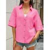 imageCicy Bell Womens Short Sleeve Button Down Shirts V Neck Loose Fit Cotton Blouses Casual Summer Tops with PocketsBright Pink