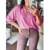 imageCicy Bell Womens Summer 34 Sleeve Tops Casual Collared V Neck Loose Blouse Retro Metallic Shiny T ShirtsBright Pink