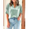 imageCicy Bell Womens Summer 34 Sleeve Tops Casual Collared V Neck Loose Blouse Retro Metallic Shiny T ShirtsGreen