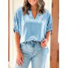 imageCicy Bell Womens Summer 34 Sleeve Tops Casual Collared V Neck Loose Blouse Retro Metallic Shiny T ShirtsSky Blue