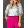 imageCicy Bell Womens Summer 34 Sleeve Tops Casual Collared V Neck Loose Blouse Retro Metallic Shiny T ShirtsWhite