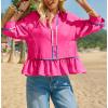 imageCicy Bell Womens Summer Peplum Blouses Half Sleeve Button Down Shirts Casual V Neck Ruffle TopsBright Pink