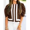 imageCicy Bell Womens Summer Puff Sleeve Blouses Striped Color Block Cropped Tops Casual Round Neck ShirtsBrown