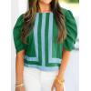 imageCicy Bell Womens Summer Puff Sleeve Blouses Striped Color Block Cropped Tops Casual Round Neck ShirtsGreen