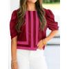 imageCicy Bell Womens Summer Puff Sleeve Blouses Striped Color Block Cropped Tops Casual Round Neck ShirtsWine Red