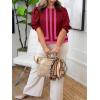 imageCicy Bell Womens Summer Puff Sleeve Blouses Striped Color Block Cropped Tops Casual Round Neck ShirtsWine Red