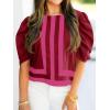 imageCicy Bell Womens Summer Puff Sleeve Blouses Striped Color Block Cropped Tops Casual Round Neck ShirtsWine Red