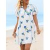 imageCicy Bell Womens Summer Puff Sleeve Mini Dresses Floral Print Ruffle Button V Neck Dress Loose Fit Patchwork Beach OutfitsWhite