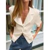 imageCicy Bell Womens Summer Satin Button Down Shirts Silk Short Sleeve V Neck Casual Dressy Tops Loose Fit Collared Work BlouseBeige