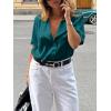 imageCicy Bell Womens Summer Satin Button Down Shirts Silk Short Sleeve V Neck Casual Dressy Tops Loose Fit Collared Work BlouseDark Green