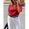 imageCicy Bell Womens Summer Satin Button Down Shirts Silk Short Sleeve V Neck Casual Dressy Tops Loose Fit Collared Work BlouseRed