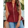 imageCicy Bell Womens Summer V Neck Tank Tops Smocked Zipper Sleeveless Vest Pleated Peplum ShirtsRed