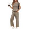 imageCicy Bell Womens 2 Piece Outfits Smocked Short Sleeve Tops Wide Leg Elastic Waist Pants Casual Boho Lounge Matching SetsKhaki