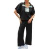 imageCicy Bell Womens 2 Piece Outfits Textured Color Block Half Zipper Puff Short Sleeve Tops Cropped Wide Leg Pant Lounge SetsBlack