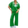imageCicy Bell Womens 2 Piece Outfits Textured Color Block Half Zipper Puff Short Sleeve Tops Cropped Wide Leg Pant Lounge SetsGreen