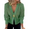 imageCicy Bell Womens Cropped Crochet Cardigans Hollow Out Button Down Lantern Sleeve Knit Sweaters Casual Mesh Loose Fit Cover UpGreen