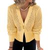 imageCicy Bell Womens Cropped Crochet Cardigans Hollow Out Button Down Lantern Sleeve Knit Sweaters Casual Mesh Loose Fit Cover UpYellow