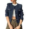 imageCicy Bell Womens Cropped Tweed Blazers Jacket Collarless Button Down Business Casual Winter Coats 2026 Spring OutfitsNavy