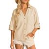 imageCicy Bell Womens Linen Button Down Shirts V Neck Summer Short Sleeve Tops Casual Loose Fit Cotton Collared BlousesBeige