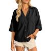 imageCicy Bell Womens Linen Button Down Shirts V Neck Summer Short Sleeve Tops Casual Loose Fit Cotton Collared BlousesBlack