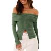 imageCicy Bell Womens Off The Shoulder Tops Cute Long Sleeve Slim Fit Ribbed Ruched Shirt 2024 Fall Y2k Clothes Army Green