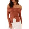 imageCicy Bell Womens Off The Shoulder Tops Cute Long Sleeve Slim Fit Ribbed Ruched Shirt 2024 Fall Y2k Clothes Brick Red
