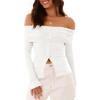 imageCicy Bell Womens Off The Shoulder Tops Cute Long Sleeve Slim Fit Ribbed Ruched Shirt 2024 Fall Y2k Clothes White