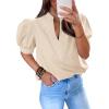 imageCicy Bell Womens Puff Short Sleeve Blouses Summer Casual Dressy V Neck Contrast Stitch Tops Loose Fit ShirtsBeige