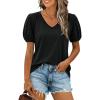 imageCicy Bell Womens Puff Short Sleeve TShirts V Neck Summer Casual Pleated Tops Loose Fit Curved Hem TeesBlack
