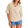 imageCicy Bell Womens Short Sleeve Button Down Shirts V Neck Loose Fit Cotton Blouses Casual Summer Tops with PocketsBeige