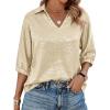 imageCicy Bell Womens Summer 34 Sleeve Tops Casual Collared V Neck Loose Blouse Retro Metallic Shiny T ShirtsBeige