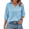 imageCicy Bell Womens Summer 34 Sleeve Tops Casual Collared V Neck Loose Blouse Retro Metallic Shiny T ShirtsSky Blue