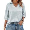 imageCicy Bell Womens Summer 34 Sleeve Tops Casual Collared V Neck Loose Blouse Retro Metallic Shiny T ShirtsWhite