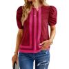 imageCicy Bell Womens Summer Puff Sleeve Blouses Striped Color Block Cropped Tops Casual Round Neck ShirtsWine Red