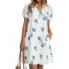 imageCicy Bell Womens Summer Puff Sleeve Mini Dresses Floral Print Ruffle Button V Neck Dress Loose Fit Patchwork Beach OutfitsWhite