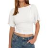 imageCicy Bell Womens Summer Wrap Tops Casual Short Sleeve Tie Back Cinched Waist T Shirts Trendy Boat Neck BlouseWhite