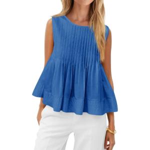 imageCicy Bell Pleated Peplum Tank Tops for Women Summer Casual Sleeveless Womens Babydoll Blouse Flowy Cotton ShirtBlue